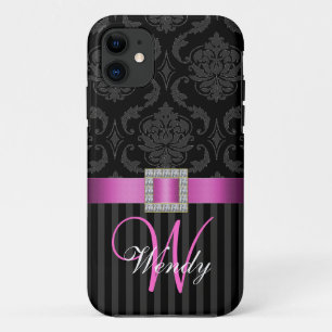 Black Grey Hot Pink Damask Stripes iPhone 11 Hoesje