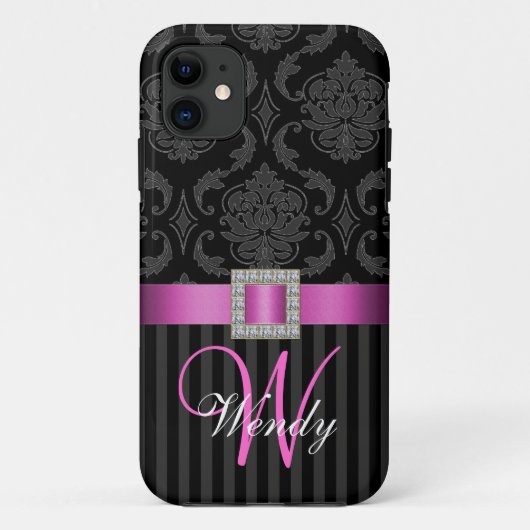 Black Grey Hot Pink Damask Stripes Case-Mate iPhone Case (Achterkant)
