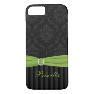 Black Grey Lime Damask Striped iPhone 7 Coque
