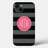 Black Grey Rugby Stripes met warmroze monogram Case-Mate iPhone Case (Achterkant)