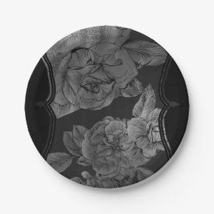 Black Grey Silver  Elegant Glam Floral Papieren Bordje