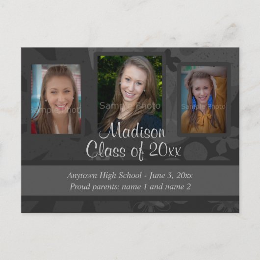 Black & Grey Three Photo Afstuderen Save the Date Aankondigingskaart (Voorkant)