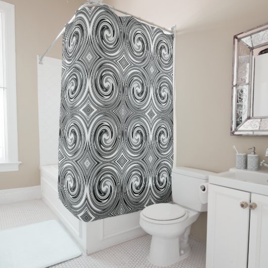 Black Grey White Abstract Swirl Pattern Douchegordijn (In situ)