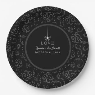 Black Grey & White Halloween Spider LOVE Wedding Papieren Bordje