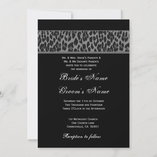 Black Grey White Leopard Wedding Invitation Kaart (Voorkant)