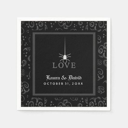 Black Grey & White Spider LOVE Halloween bruiloft Servetten (Voorkant)