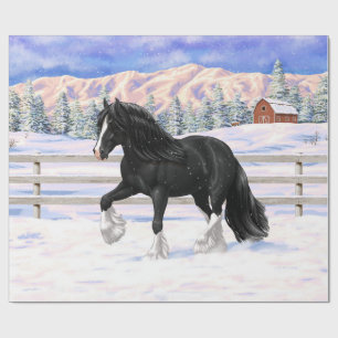Black gypsy vanner Irish Cob Draft Horse in sneeuw Cadeaupapier