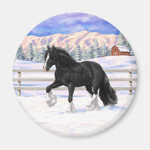 Black gypsy vanner Irish Cob Draft Horse in sneeuw Magneet