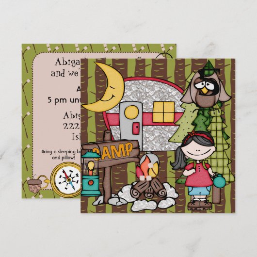 Black Hair Girl Camping Birthday-uitnodigingen Kaart (Voorkant / Achterkant)