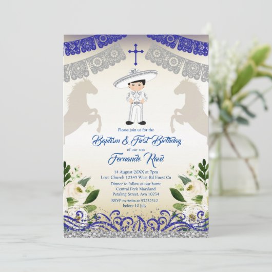 Black Hair Mexican Navy Blue Boy Baptism Birthday Kaart (Staand voorkant)