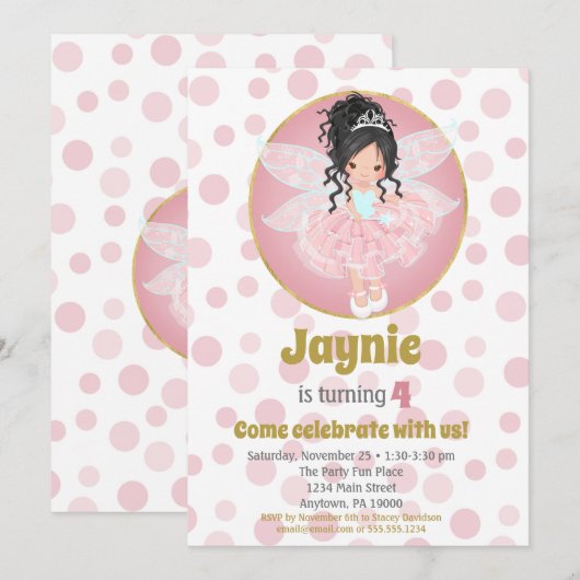 Black Hair Pink Fairy Girls Birthday Invitation Kaart (Voorkant / Achterkant)
