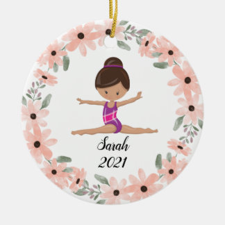 Black Haire Gymnast Girl Gymnastiek kerstcer Keramisch Ornament