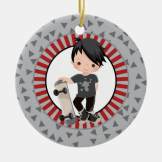 Black Haire Skateboard Boy - Grey Red Keramisch Ornament