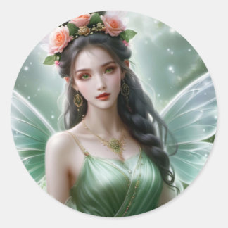 Black Haired Spring Fairy Magical Fantasy Ronde Sticker