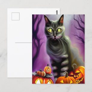 Black Halloween Cat en Carved Pumpkins Briefkaart