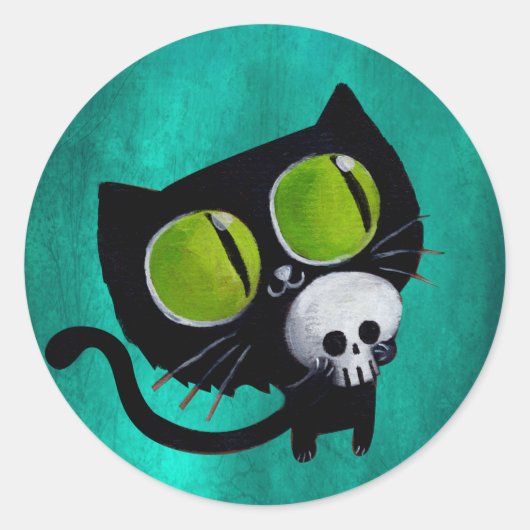 Black Halloween Cat met schedel Ronde Sticker (Voorkant)