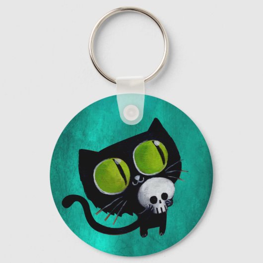 Black Halloween Cat met schedel Sleutelhanger (Voorkant)