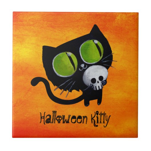 Black Halloween Cat met schedel Tegeltje (Voorkant)