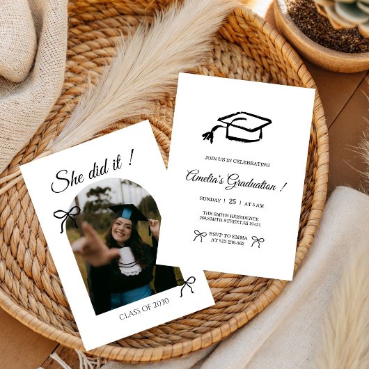 Black Hand drawn Bow graduation party invitation