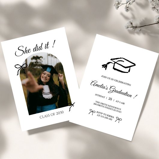 Black Hand drawn Bow graduation party invitation