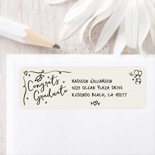 Black Hand Drawn Doodle Graduation Cream Address Etiket (Insitu)