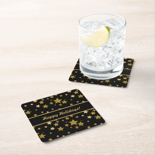 Black Happy Holidays Coaster with Golden Stars Vierkante Kartonnen Onderzetter (Insitu)