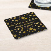 Black Happy Holidays Coaster with Golden Stars Vierkante Kartonnen Onderzetter (Schuin)