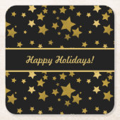 Black Happy Holidays Coaster with Golden Stars Vierkante Kartonnen Onderzetter (Voorkant)