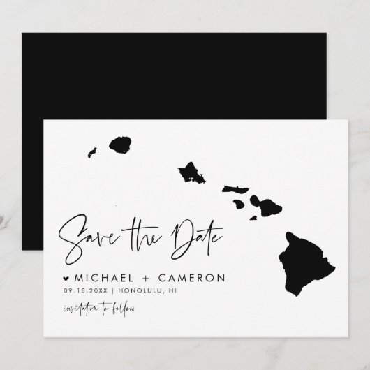 Black Hawaii Map Modern Minimal Script Save The Date (Voorkant / Achterkant)