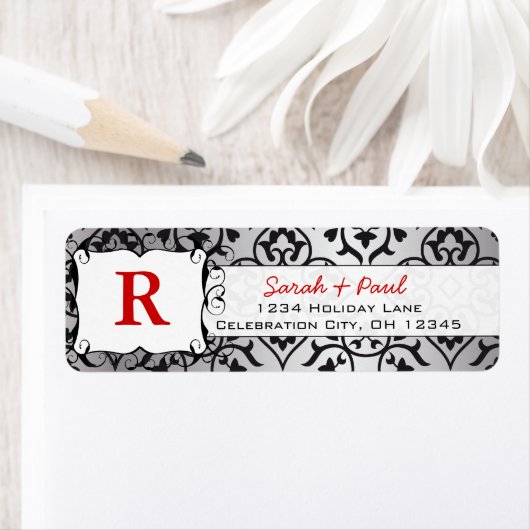 Black Heart Damask Red Font Return Label (Insitu)