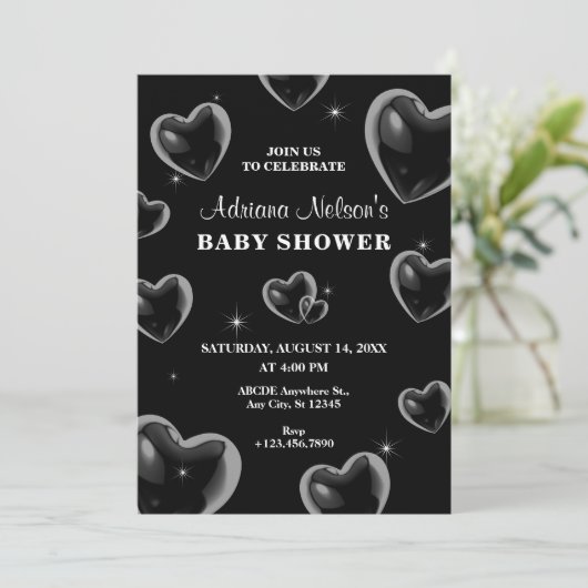 Black Hearts bubble BABY SHOWER Uitnodiging (Staand voorkant)
