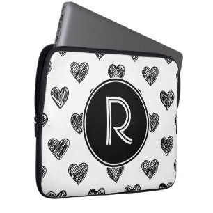 Black Hearts Doodles Monogram laptophoes Laptop Sleeve