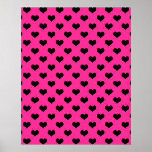 Black Hearts Hot Pink Background Polka Dot Heart Poster