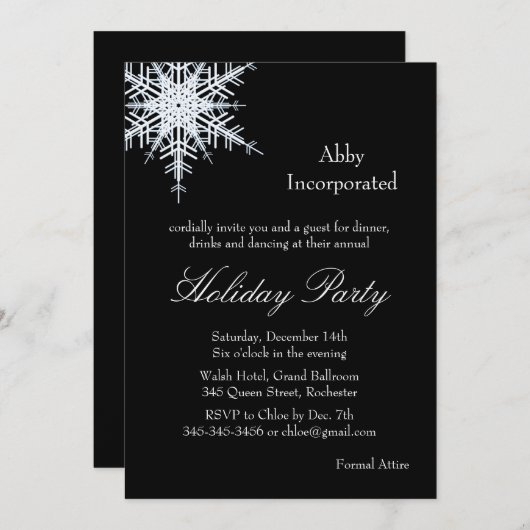 Black Holiday Offset Snowflake Invitation (corp) (Devant / Derrière)