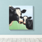 Black Holstein Koe & Cute Calf Canvas Afdruk (Insitu (Houten vloer))