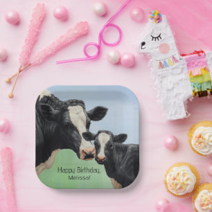 Black Holstein Koe & Cute Calf Papieren Bordje