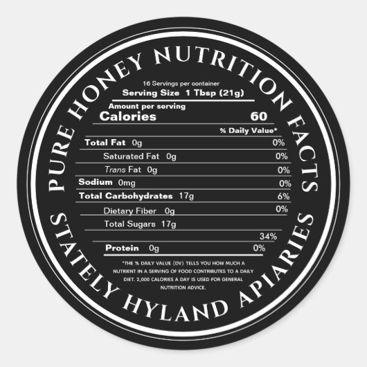 Black Honey Nutrition Facts Étiquette Apiary Nom (Devant)