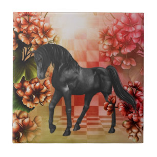 Black Horse Fantasy Flowers Animal Tegeltje