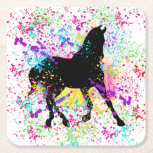 Black Horse Paint Splatter Vierkante Kartonnen Onderzetter