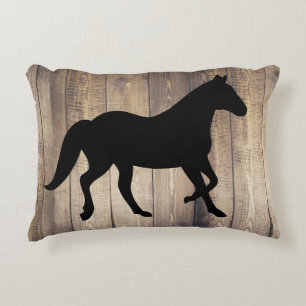 Black Horse Silhouette & Rustic Wood Planks Accent Kussen