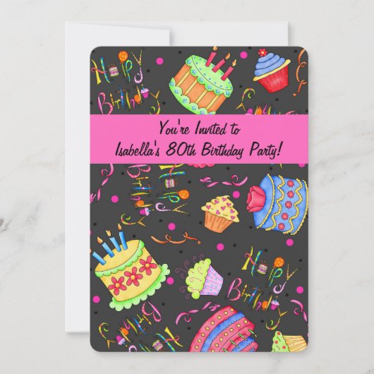 Black Hot Pink Cake 70e anniversaire Invitation (Devant)