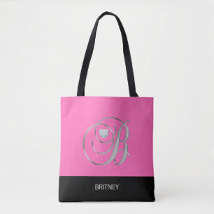 Black HOT PINK Monogramed Letter Initiaal B Tote Bag