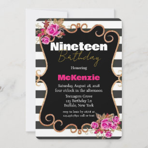 Black Hot Pink Rozen Girl 19th Birthday Party Kaart