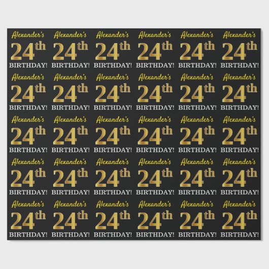 Black, Imitation Gold "24th BIRTHDAY" Cadeaupapier (Vlak)