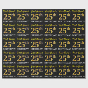 Black, Imitation Gold "25th BIRTHDAY" Cadeaupapier