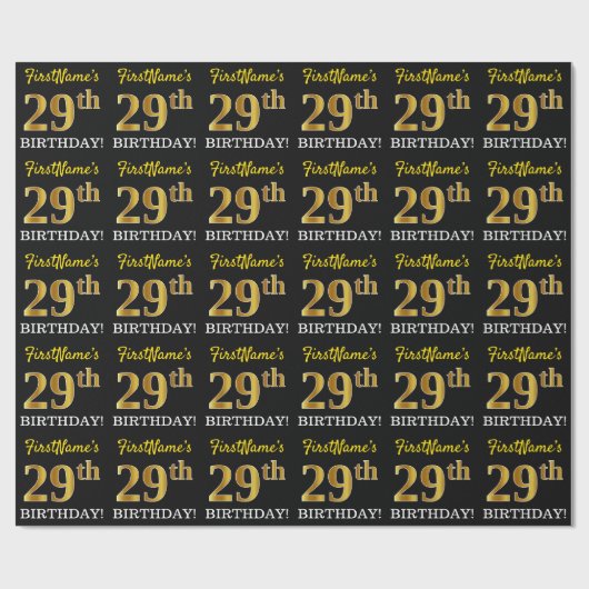 Black, Imitation Gold "29th BIRTHDAY" Cadeaupapier (Vlak)