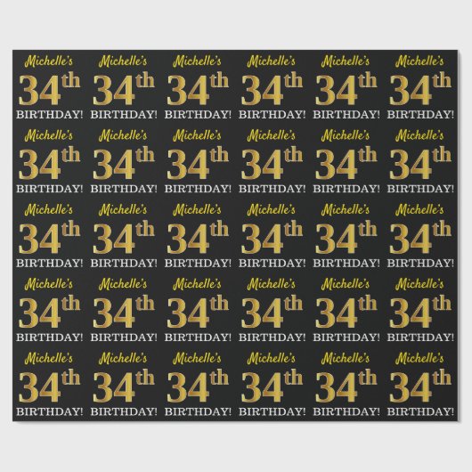Black, Imitation Gold "34th BIRTHDAY" Cadeaupapier (Vlak)