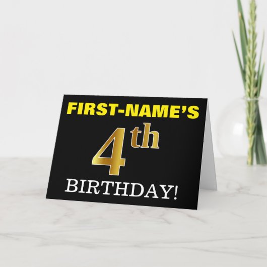 Black, Imitation Gold "4th BIRTHDAY"-Kaart Kaart (Voorkant)