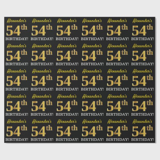 Black, Imitation Gold "54th BIRTHDAY" Cadeaupapier (Vlak)