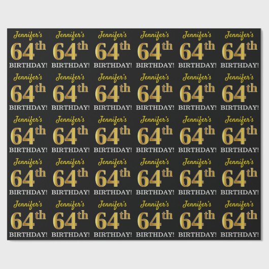 Black, Imitation Gold "64th BIRTHDAY" Cadeaupapier (Vlak)